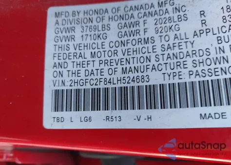 2020 Honda Civic Sport из США, поврежденный, VIN 2HGFC2F84LH524683